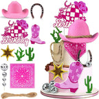 Cowgirl Birthday Cake Topper Cowgirl Hat Scarf Western Rodeo Theme Decoration for Birthday Baby Shower Western Theme Party Favors Supplies (Pink)