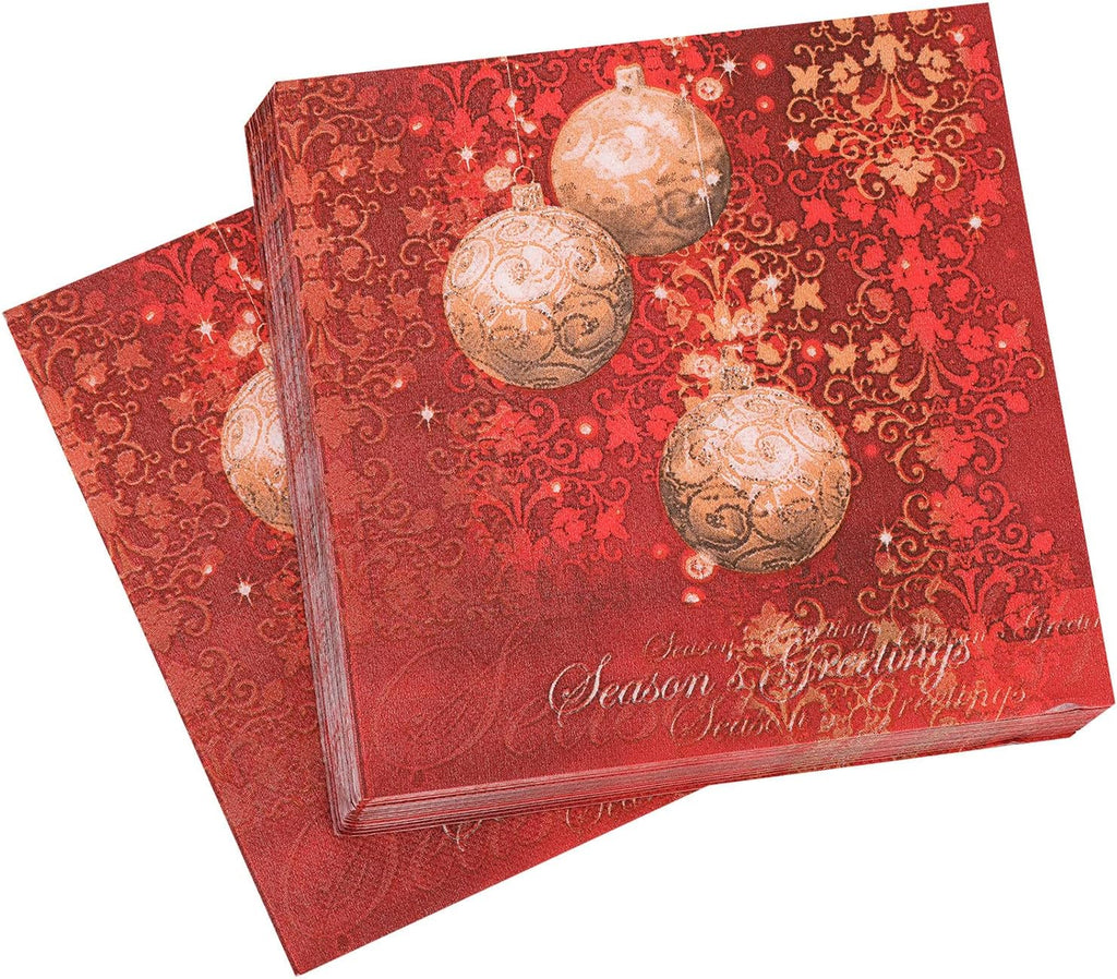 Christmas Party Disposable Paper Napkins 2 Ply Napkins Holiday 33cm x 33cm Cocktail Napkins Serviette for New Year Winter Dinner Party Supplies Decoration, Baubles & Floral Design - Red, 60pcs