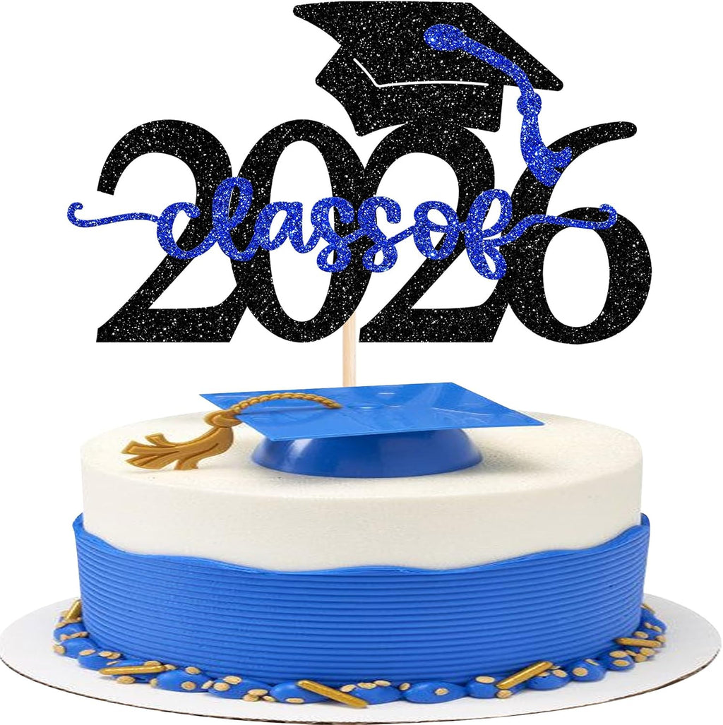 Rsstarxi 1 Pack Glitter Class of 2026 Cake Topper Congrats Grad 2026 Graduation Cake Pick for 2026 Graduation Theme High School College Graduate Party Cake Decorations Blue