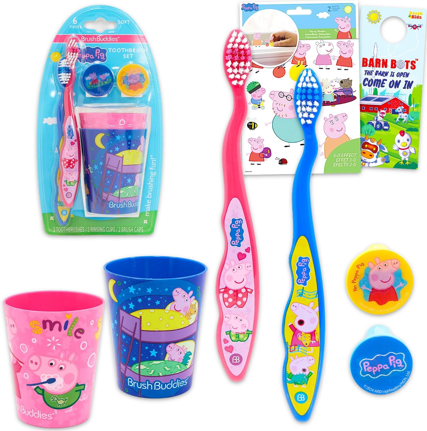 Peppa Pig Toothbrush and Cup Travel Kit for Kids - Bundle with 2 Toothbrushes, 2 Rinsing Cups, 2 Covers, Stickers, and More for Girls, Toddlers | Peppa Pig Toothbrush Set (Styles May Vary)