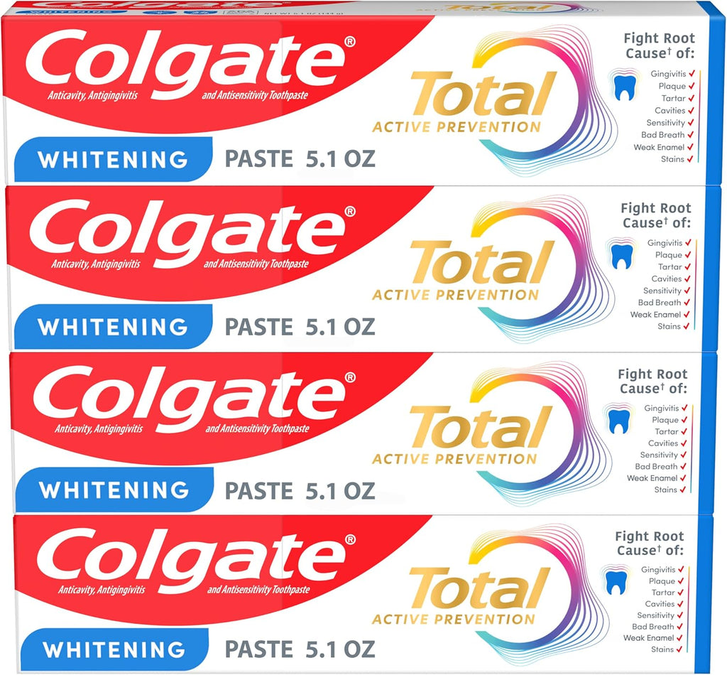 Colgate Total Whitening Toothpaste Paste, 5.1 oz, 4 Pack, Fluoride, Antibacterial, for Plaque, Gingivitis, Sensitivity, Stain Removal, Clinically Proven, Mint, Teeth Whitening, Stannous Fluoride