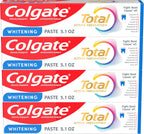 Colgate Total Whitening Toothpaste Paste, 5.1 oz, 4 Pack, Fluoride, Antibacterial, for Plaque, Gingivitis, Sensitivity, Stain Removal, Clinically Proven, Mint, Teeth Whitening, Stannous Fluoride