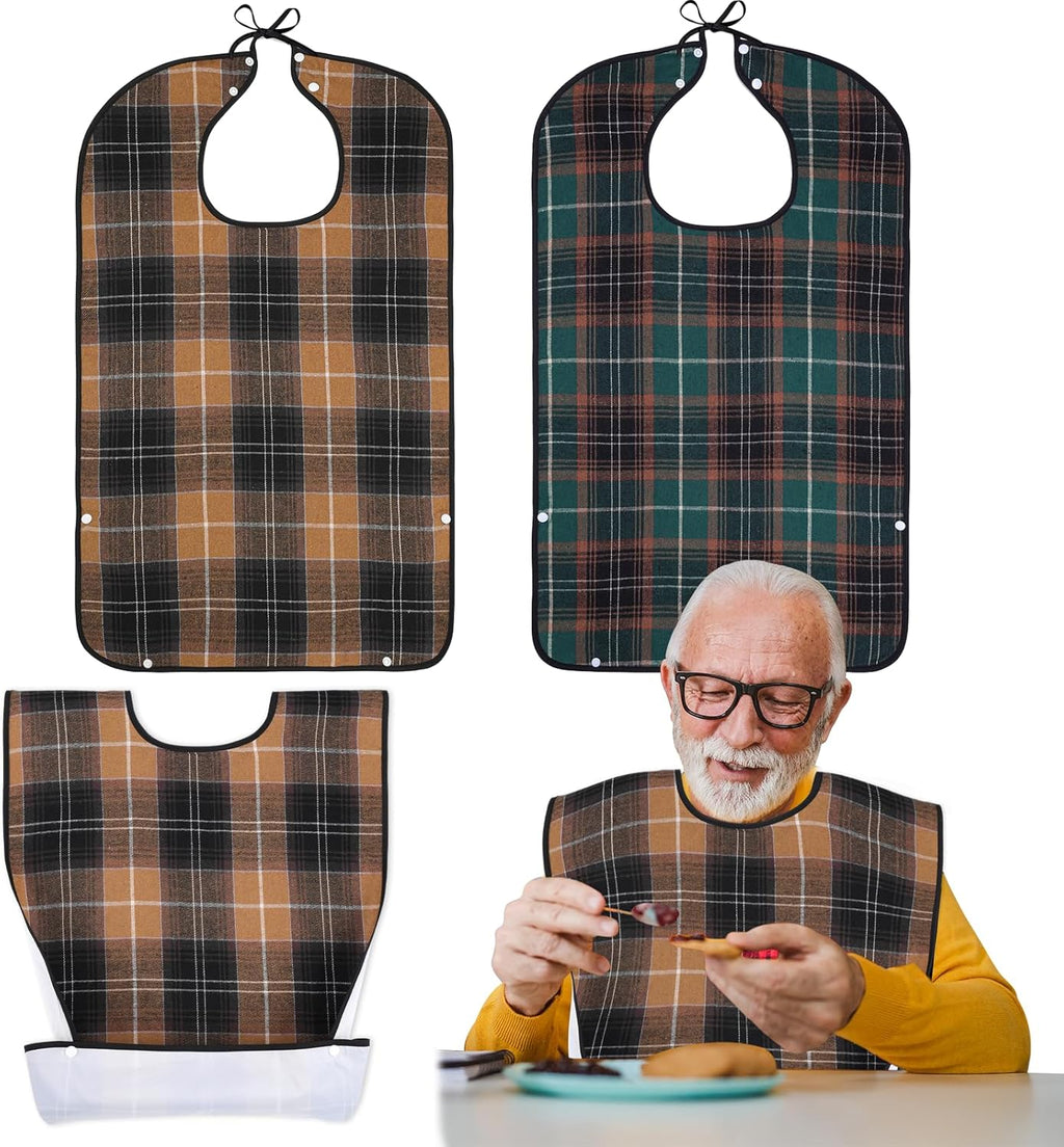 XKDOUS 2pcs Adult Bibs For Men Washable, Reusable Waterproof Large Bibs For Adult, Clothing Protector With Crumb Catcher, Brown & Green Bibs For Eating, Feeding Elderly Senior Citizens Gifts