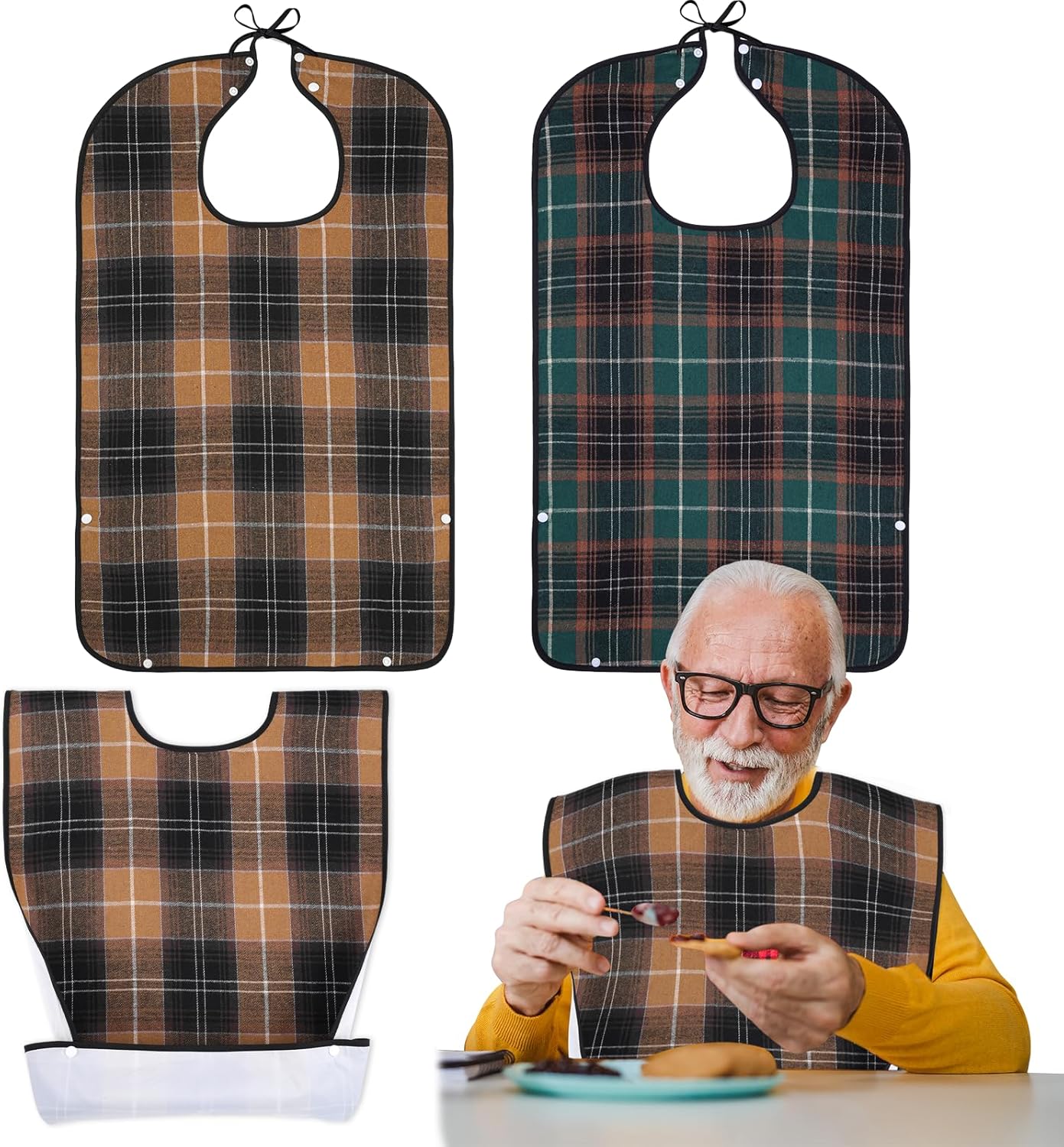XKDOUS 2pcs Adult Bibs For Men Washable, Reusable Waterproof Large Bibs For Adult, Clothing Protector With Crumb Catcher, Brown & Green Bibs For Eating, Feeding Elderly Senior Citizens Gifts