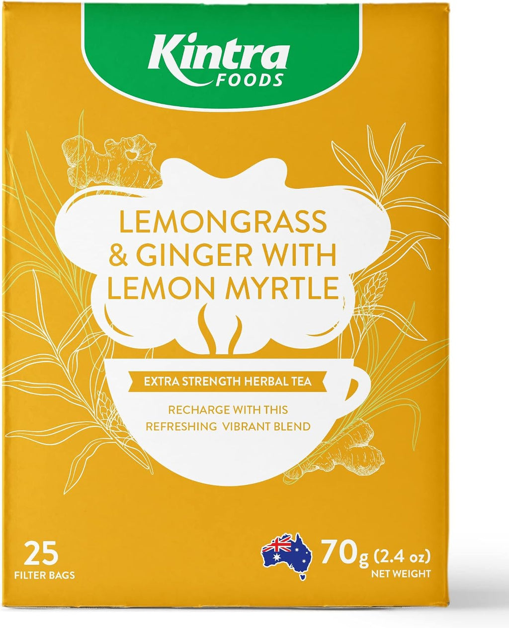 Kintra Foods Lemongrass and Ginger with Lemon Myrtle Herbal Teabags, 25 Filter Bags, 65g