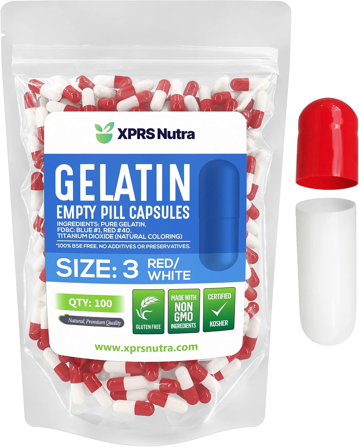 XPRS Nutra Size 3 Empty Capsules - 100 Count Empty Gelatin Capsules - Pills DIY Capsule Filling - Pure Bovine Pill Gel Caps Fillable Do-It-Yourself Vitamins and Supplements (Red/White)