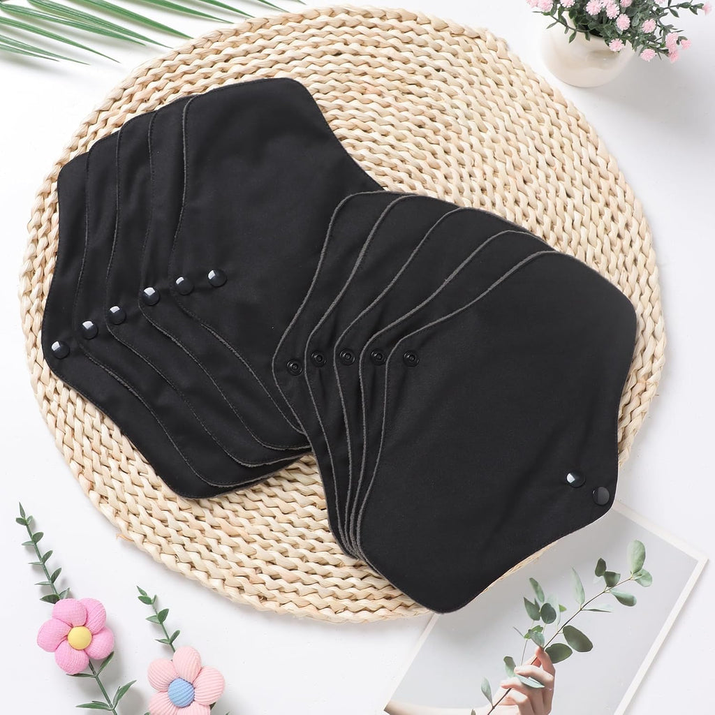 10 pcs Black Color with Black Snaps Reusable Sanitary Pads - Cloth Sanitary Pads | Light Incontinence Pads | Reusable Menstrual Pads (10pcs-M-Black)