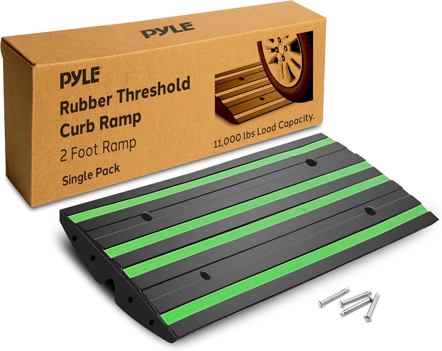 Pyle 2 Ft. Rubber Threshold Curb Ramp for Driveway - Heavy Duty Non-Slip Ramp for Vehicles - Green Reflective Strip, Marine Grade Waterproof, Ideal for Driveways & Sidewalks, 24.0"x16.0"x2.6" Inches