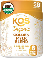 KOS Golden Mylk with Tumeric and Ginger, Organic Superfood Latte Powder, Adaptogen Mushroom Blend - Coffee Creamer, Dessert & Smoothie - Caffeine Free, Vegan, Dairy-Free, Gingerbread Chai, 28 Servings