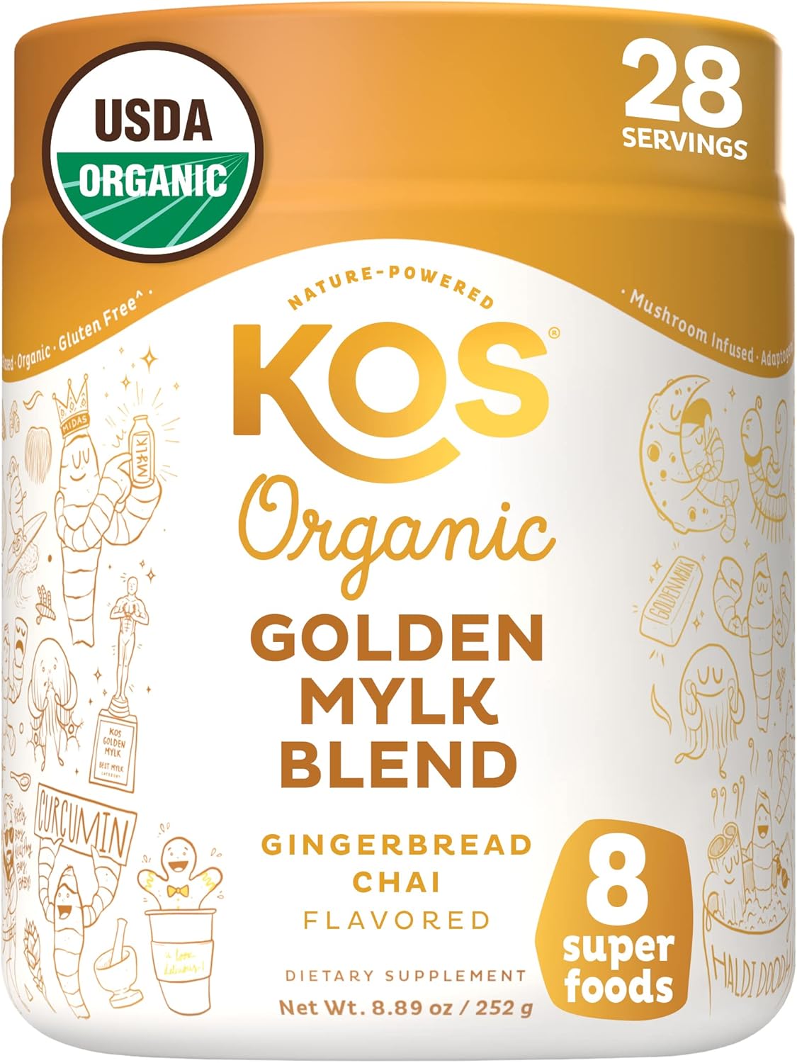 KOS Golden Mylk with Tumeric and Ginger, Organic Superfood Latte Powder, Adaptogen Mushroom Blend - Coffee Creamer, Dessert & Smoothie - Caffeine Free, Vegan, Dairy-Free, Gingerbread Chai, 28 Servings