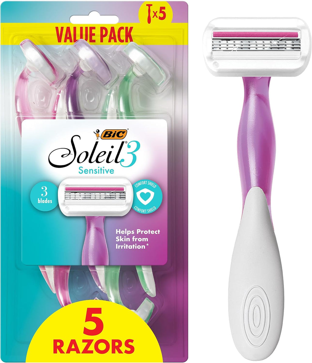 BIC Soleil 3 Sensitive Women's Disposable 3-Blade Razors, Comfort Shield and Moisture Strip, 5-Pack