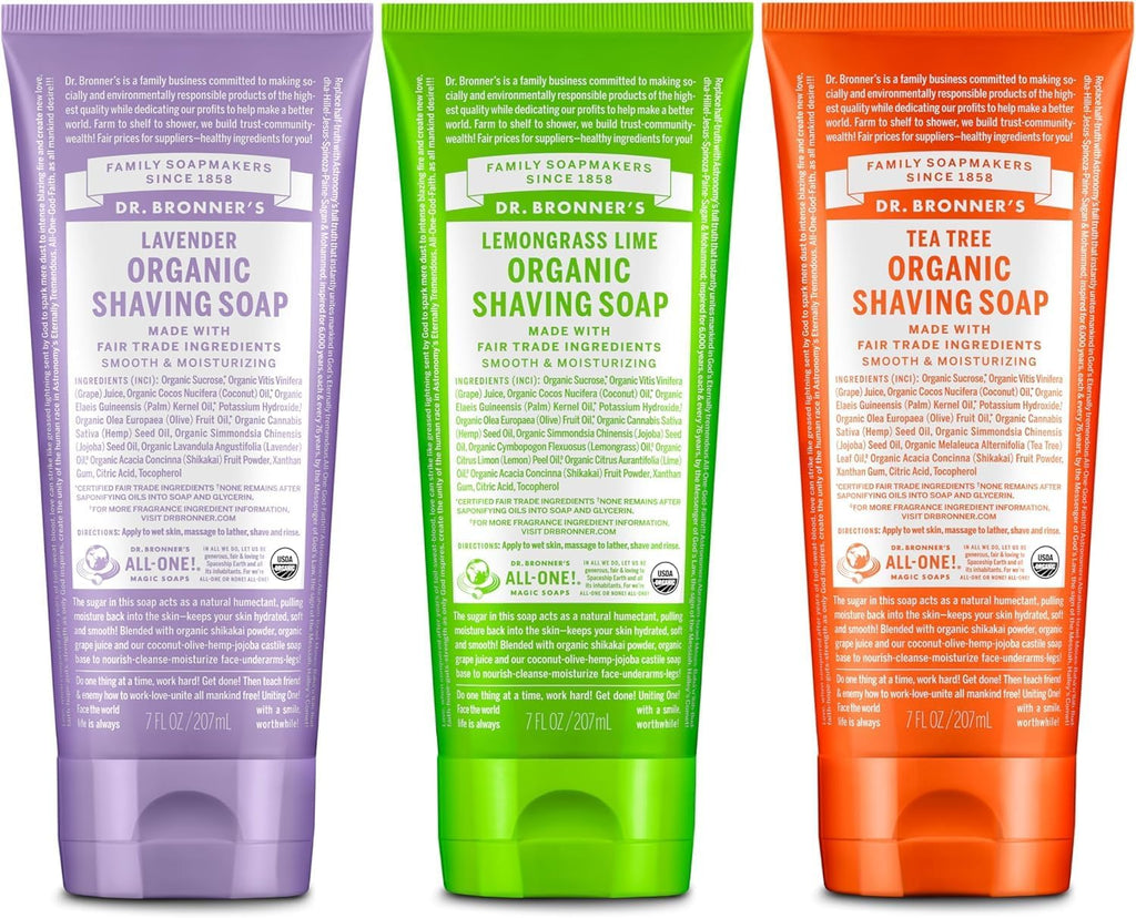 Dr. Bronner's Organic Shaving Soap– 3 Pack Variety, 7oz (Lavender, Tea Tree, Lemongrass)– Moisturizing Shave Soap for Men & Women– Certified Organic Sugar & Shikakai– For Face, Underarms & Legs
