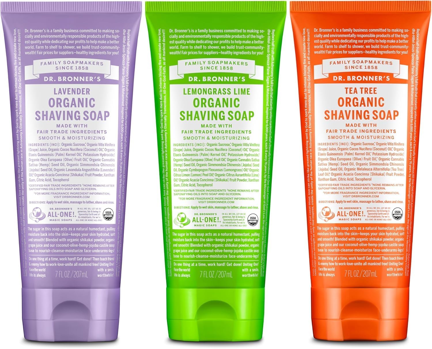 Dr. Bronner's Organic Shaving Soap– 3 Pack Variety, 7oz (Lavender, Tea Tree, Lemongrass)– Moisturizing Shave Soap for Men & Women– Certified Organic Sugar & Shikakai– For Face, Underarms & Legs