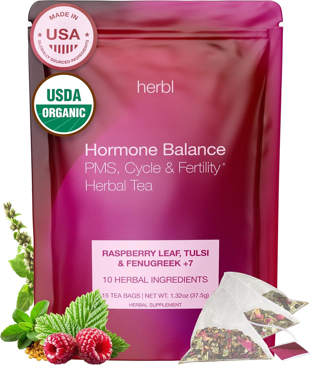 Organic Hormone Balance Tea for Women – Raspberry Leaf Tea with Fenugreek, Tulsi & Black Cohosh – Herbal Hormone Balance tea for PMS (Cramps, Mood, Bloating), Menstrual Cycle & Perimenopause Support