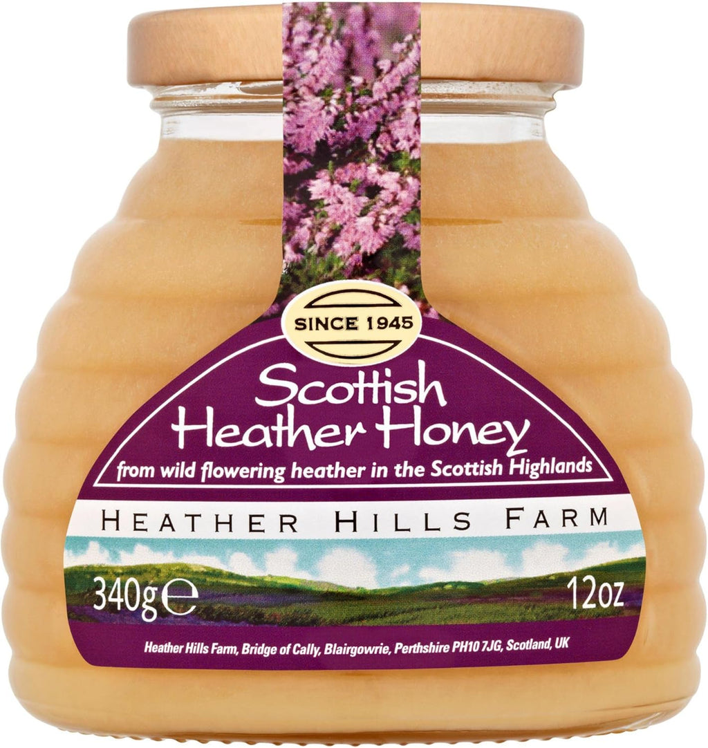 Heather Hills Farm Raw Scottish Heather Honey Jar 340g (12oz) - Highland Wild-flowering Purple Ling Heather Artisanal Pure Natural Honey, Traditional British Food Gift & Spread, Made in Scotland