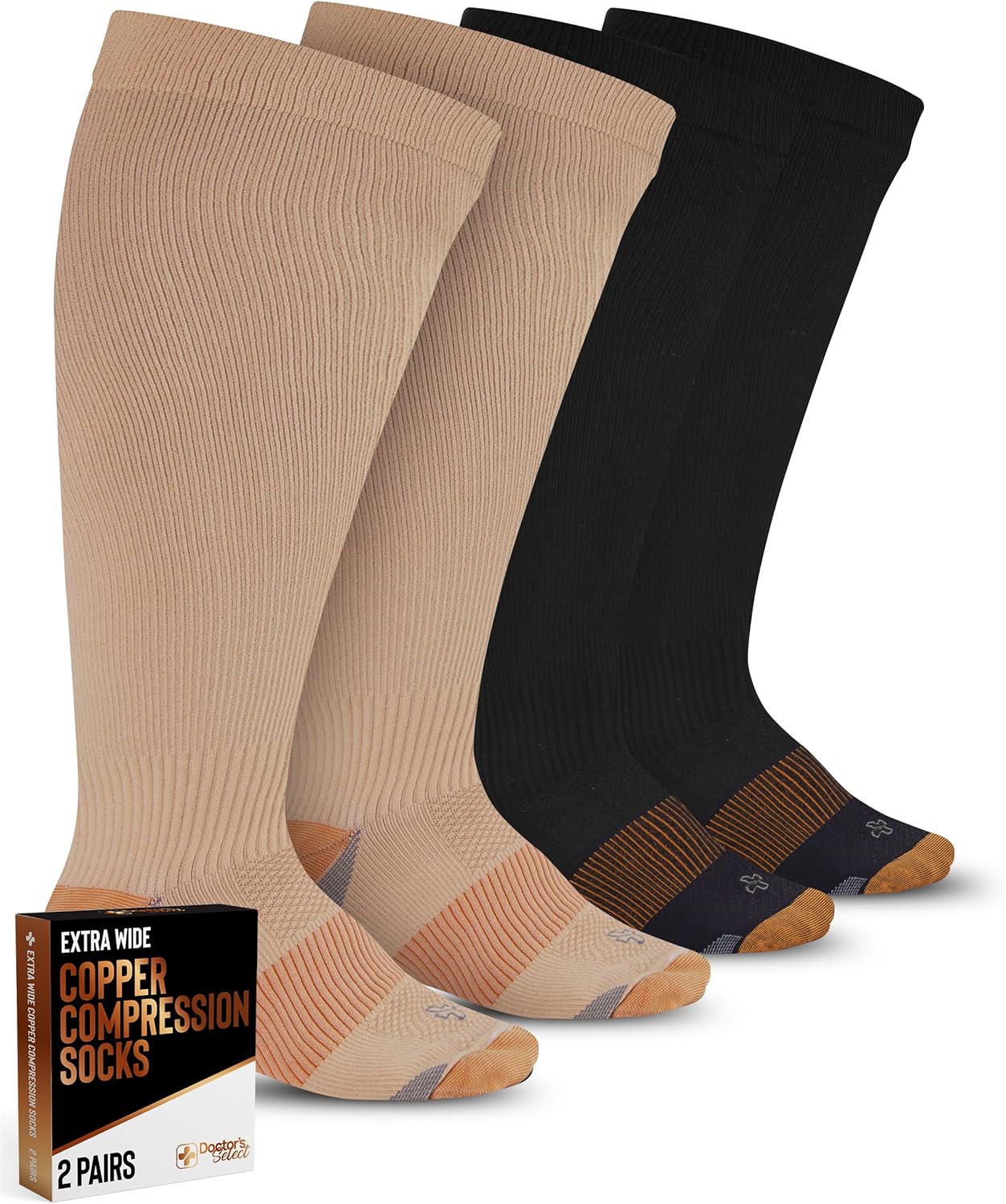 Doctor's Select Copper Plus Size Compression Socks Wide Calf - 2 Pairs | 20-30mmHg Extra Wide Calf Compression Sock Women |Traveling & Running | Tan /cppr-3XL