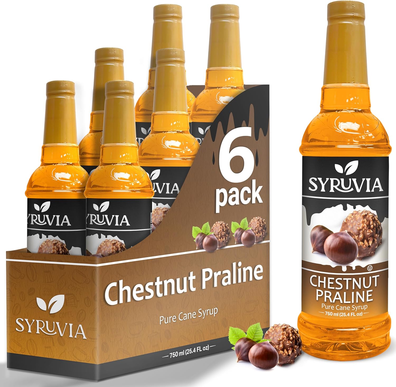 Chestnut Praline Coffee Syrup by Syruvia 6-Pack, 25.4 fl oz, Wholesale Coffee Syrup Shops, Cafes, Baristas, Bistros, & Beverage Bars, Bulk Kosher & Gluten-Free