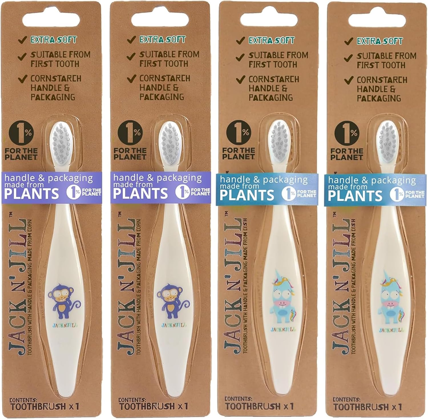 Jack N' Jill Baby & Toddler Toothbrush - 12 Months & Up, Age 2-4, Natural, Soft, Non Toxic, Cornhusk Handle, Kids Toothbrushes for Girls & Boys - Assorted Characters (4 Pack)