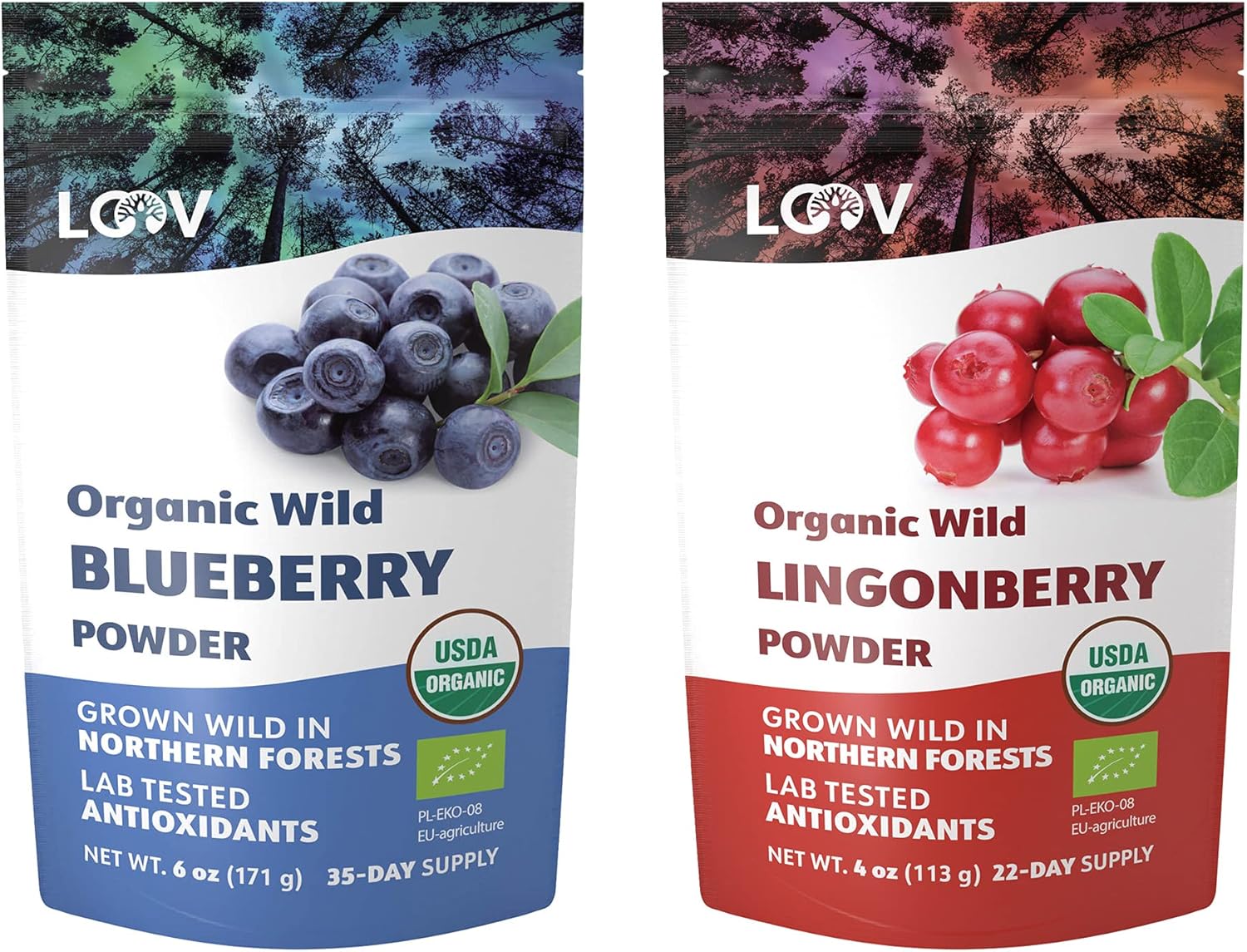 Bundle – 2 items: LOOV Organic Wild Blueberry Powder and Organic Wild Lingonberry Powder