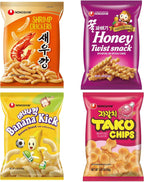 Nongshim Korean Variety Snack Pack, Original Shrimp Crackers, Honey Twist Snack, Banana Kick, Tako Chips, Variety Pack, Snacks for Kids, Sport Event Essential, Korean Snacks (Pack of 4)
