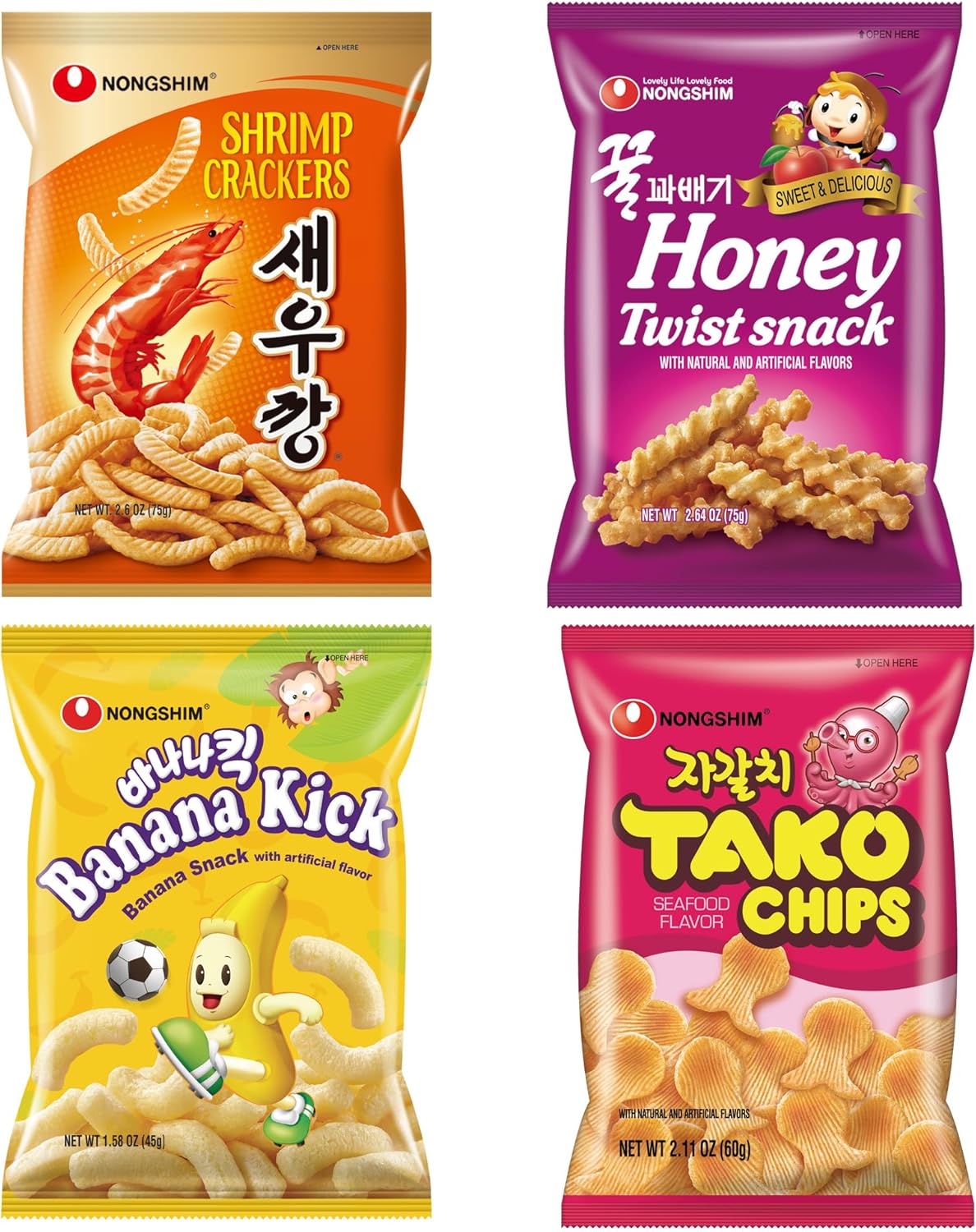 Nongshim Korean Variety Snack Pack, Original Shrimp Crackers, Honey Twist Snack, Banana Kick, Tako Chips, Variety Pack, Snacks for Kids, Sport Event Essential, Korean Snacks (Pack of 4)