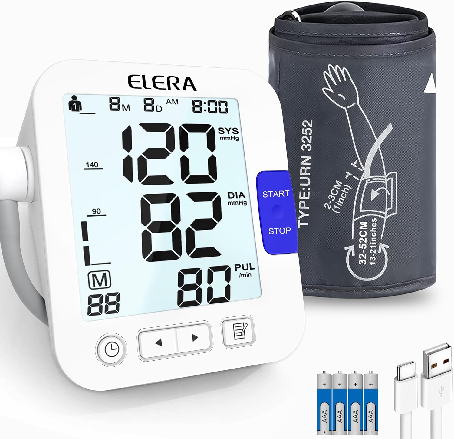 ELERA XL Cuff Blood Pressure Monitor (13-21" for Big Arms) - Large Screen, Automatic Upper Arm for Home Use, Backlight Display, 2 Users