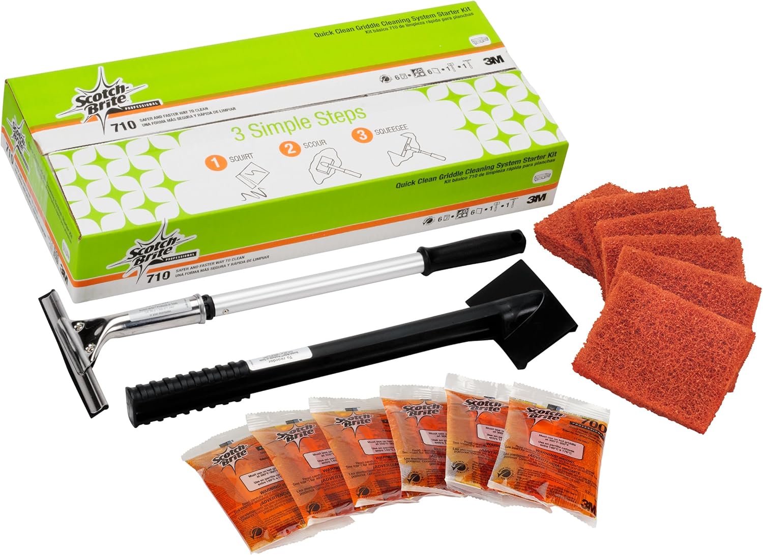 3M Scotch-Brite Griddle Cleaning, Quick Clean System, Heavy Duty, Cleans in 3-5 Minutes, For Baked On Food and Cooking Oils, Use on Hot or Cool Griddle, Orange, (1 System)