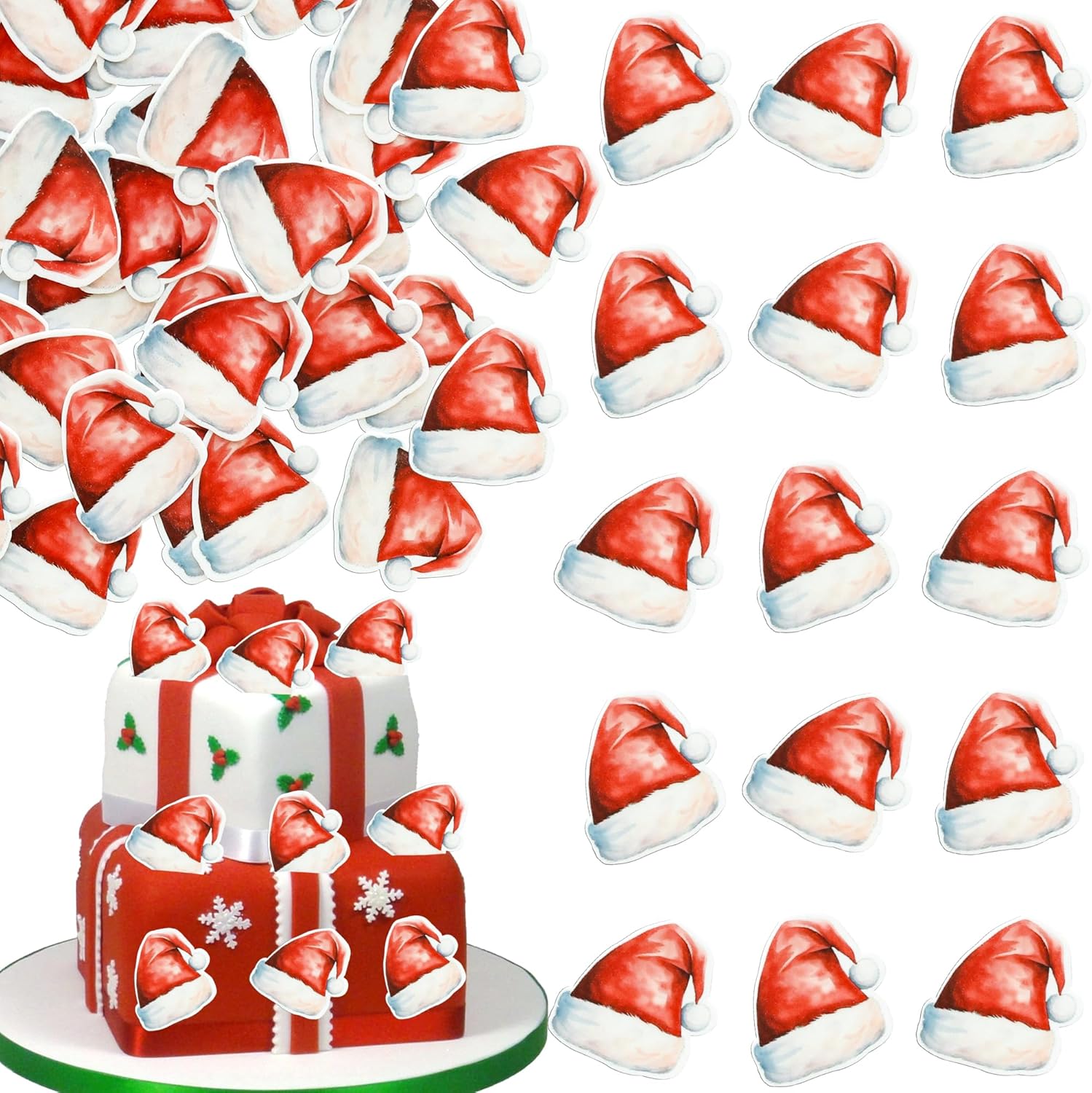 Gyufise 48Pcs Edible Merry Christmas Cupcake Toppers Edible Wafer Paper Christmas Santa Hat Cake Topper Women Men Birthday Party Anniversary Party Decorations Supplies Red White