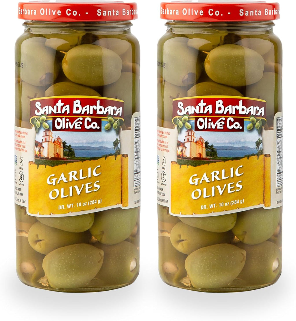 Santa Barbara Gourmet Garlic Stuffed Olives - Meaty Green Olives with Crunchy Garlic - Perfect for Cocktails or Straight from the Jar - 2-Pack, 10 oz each