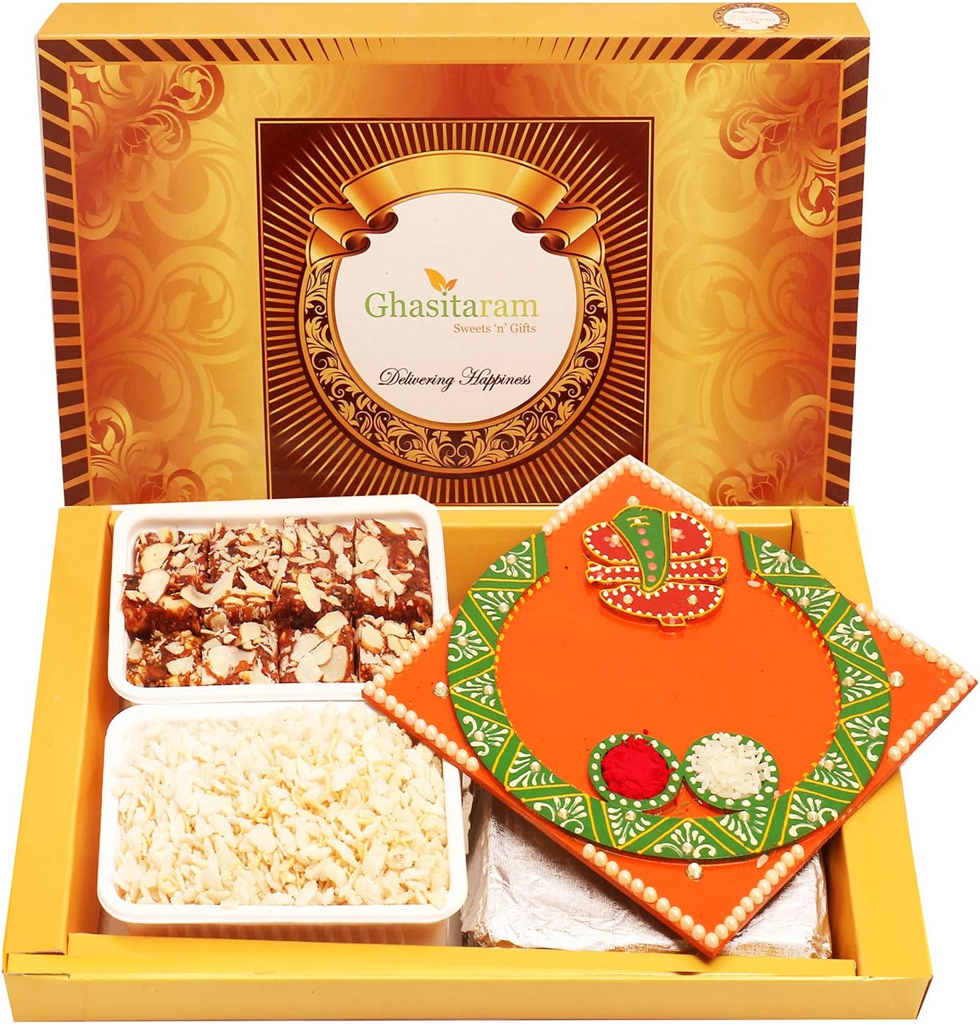 Ghasitaram Gifts Diwali Gifts Big Box of Sugarfree Bites, Diet Chiwda and Orange Ganesha Pooja Thali