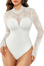 Popilush Long Sleeve Body Suits Womens Tummy Control Open Back Sheer Top Built in Bra Turtleneck Lace Shapewear Bodysuit