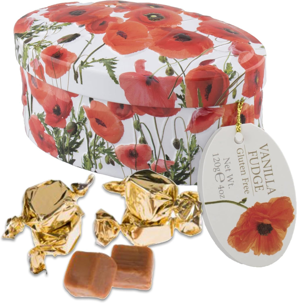 Gardiners of Scotland Handmade Fudge, Poppies Vanilla Fudge 4 Ounce Oval Tin