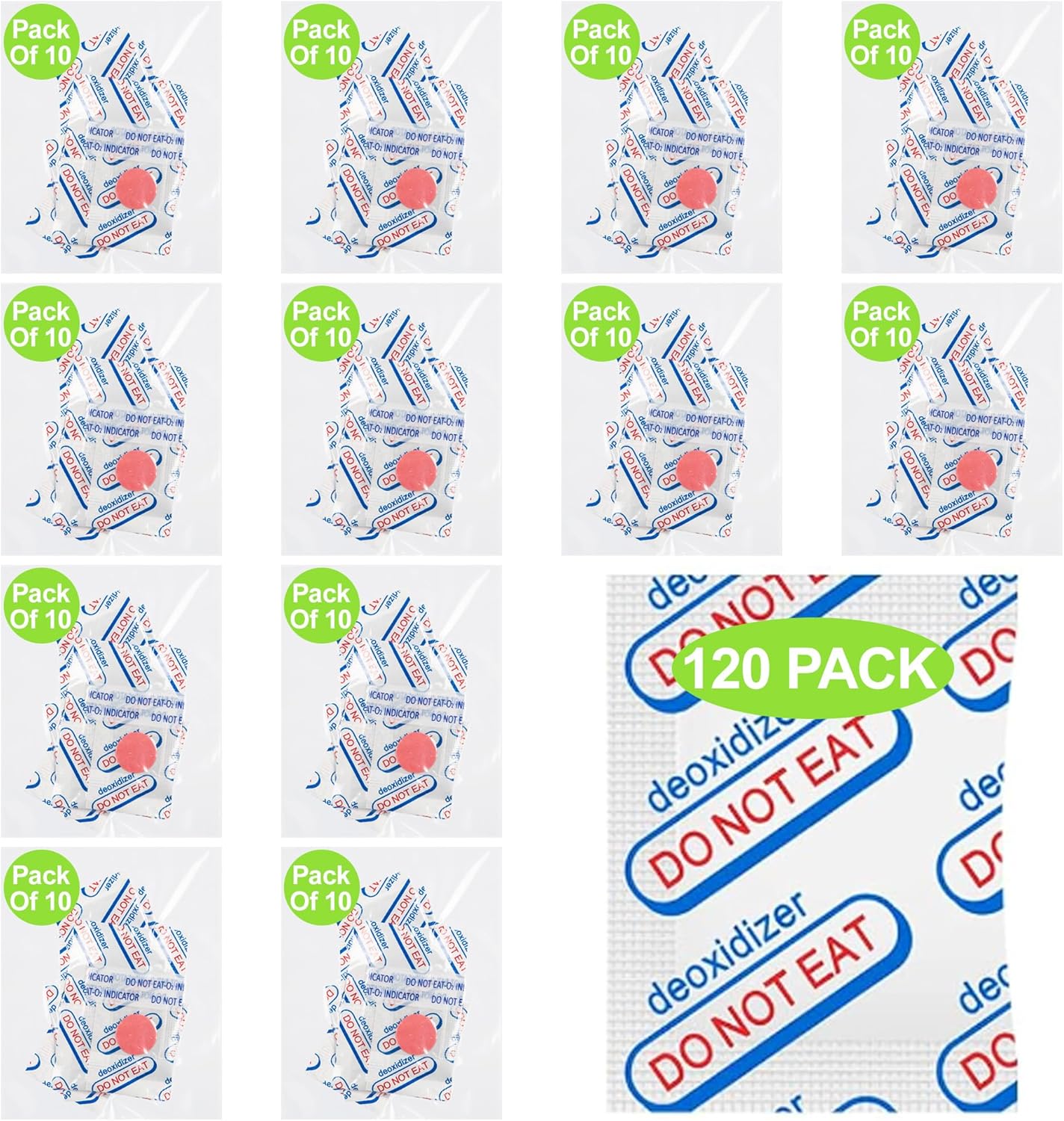 120-Pack 100cc Oxygen Absorbers for Food Storage - Vacuum Sealed in 10-Packs with Oxygen Indicator, Food Grade - Compatible with Mylar Bags, Mason Jars, Pantry Storage