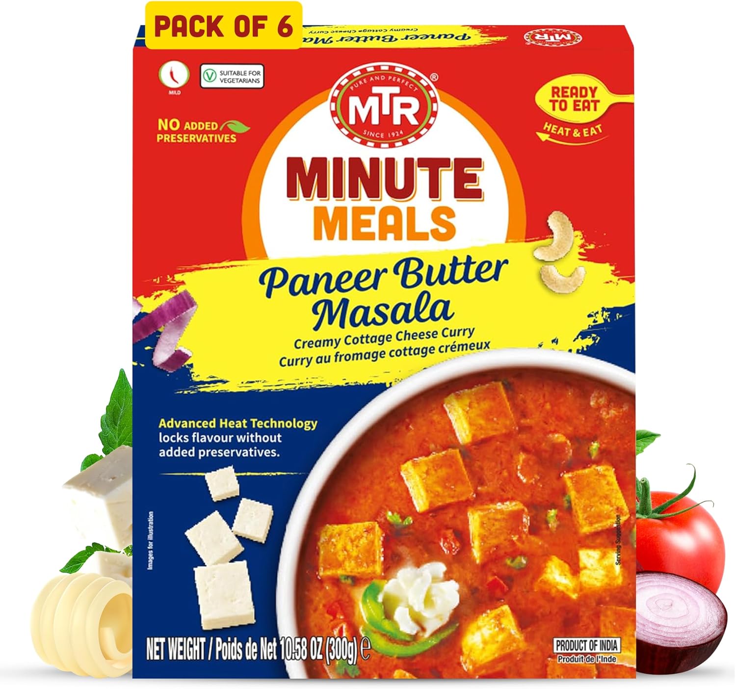 MTR - Minute Meals: Paneer Butter Masala - Creamy Cottage Cheese Curry - Tasty Indian Meal with No Added Preservatives - A Quick Meal Suitable for Vegetarians, Ready in Minutes! (Pack of 6)