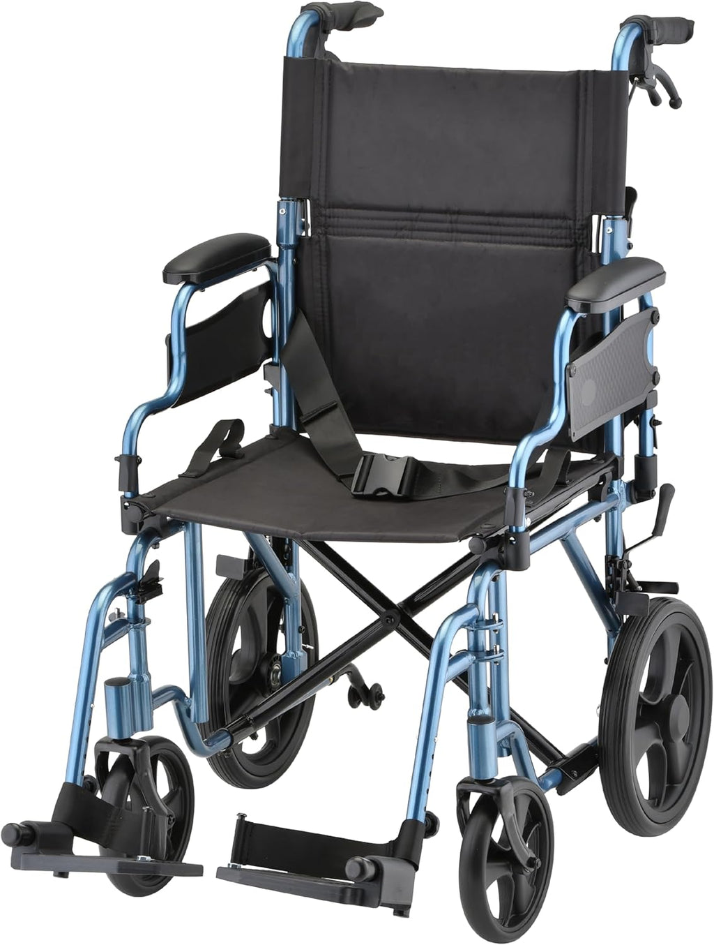 NOVA Transport Chair – Lightweight Folding Aluminum Wheelchair with Flip-Up Arms, Locking Handbrakes, 8” & 12” All-Terrain Wheels – Collapsible Travel Chair for Adults up to 300 lbs - Blue
