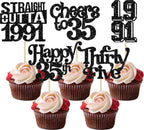 Gyufise 30Pcs Happy 35th Birthday Cupcake Toppers Glitter Thirty Five Straight Outta 1991 Cupcake Picks Cheers to 35 Fabulous Cake Decorations for Happy 35th Birthday Anniversary Party Supplies Black