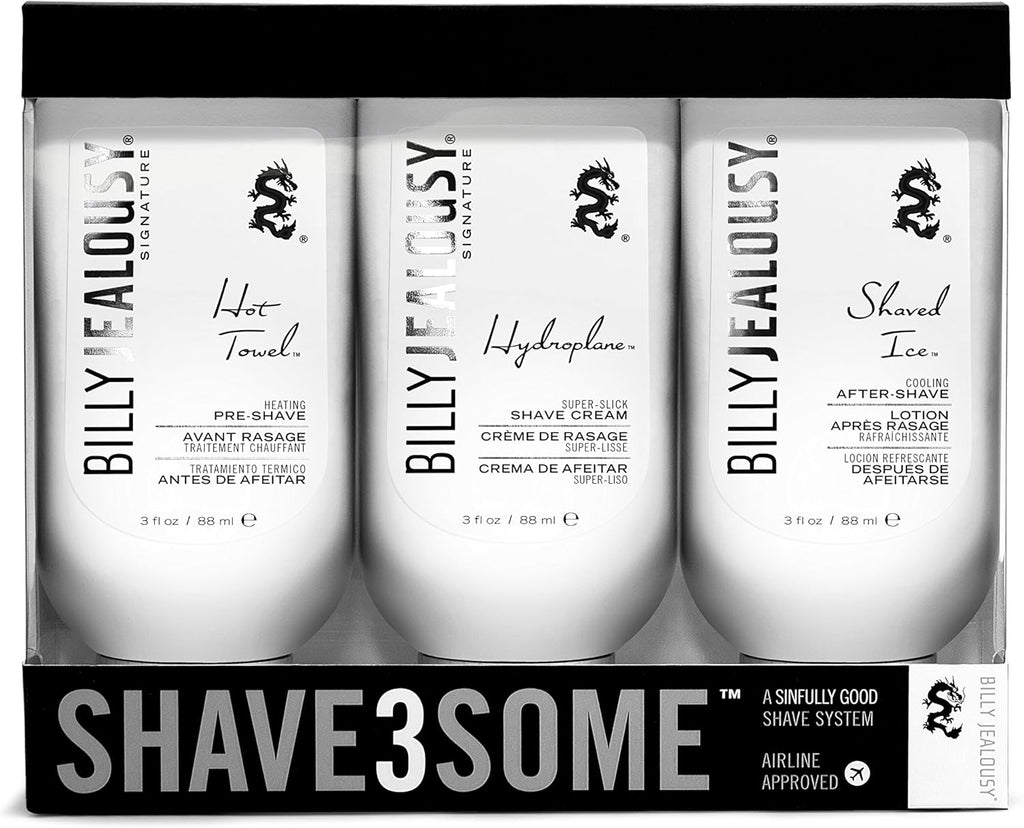 Billy Jealousy Shave3some Travel-Size Trio Shaving Kit for Men with Heating Pre-Shave, Super Slick Shave Cream and Cooling After-Shave, Citrus Scent, 3 Fl Oz Each