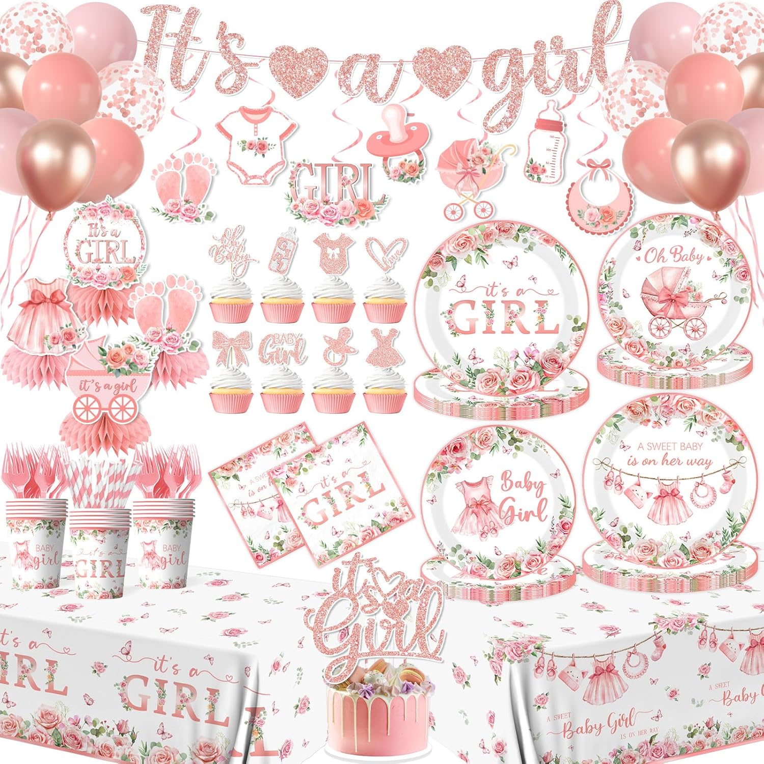 Its a Girl Baby Shower Decorations, Pink Floral Baby Shower Decorations for Girl Include Plates,Napkins,Banner,Balloons,Tablecloth,Cups,Hanging Swirl,Cake Topper,Honeycomb for Baby Girl Party Decor