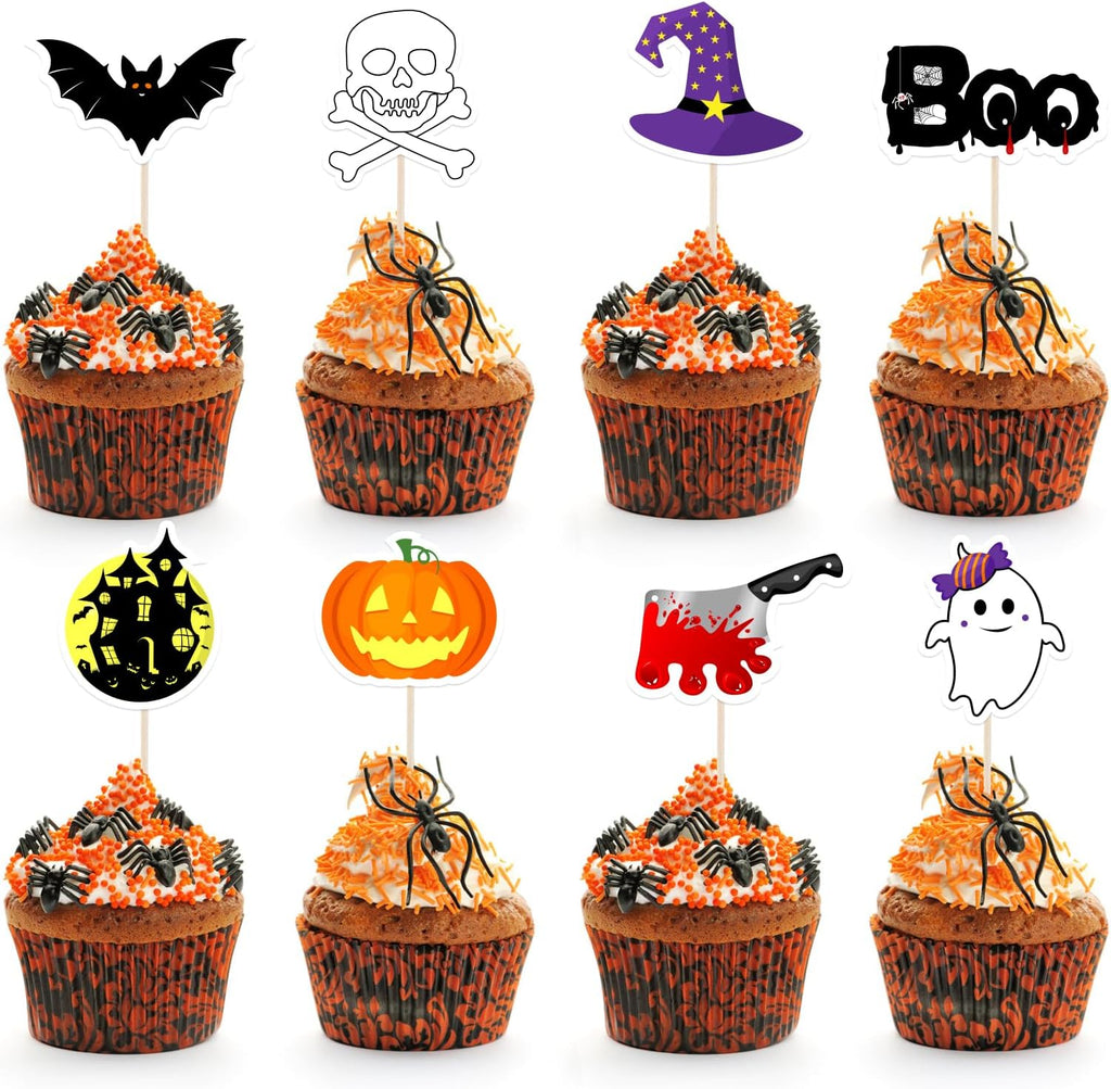 NEBURORA 64 Pcs Halloween Cupcake Toppers,Pumpkin Bat Ghost Boo CupCake Picks Cake Decorations for Halloween Party Decorations Supplies