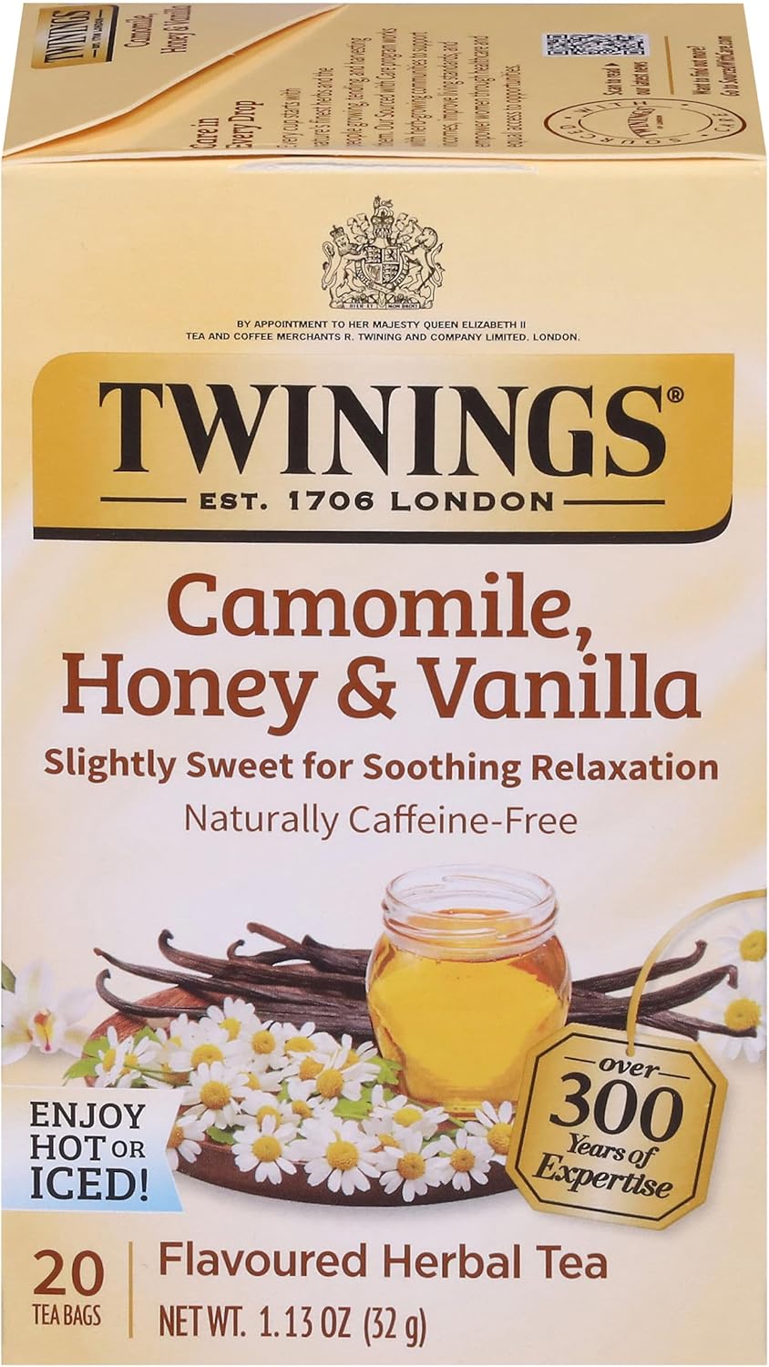 Twinings Camomile, Honey & Vanilla Herbal Tea individually Wrapped Bags, 20 Count (Pack of 1), Naturally Caffeine-Free, Enjoy Hot or Iced, 20 Teabags