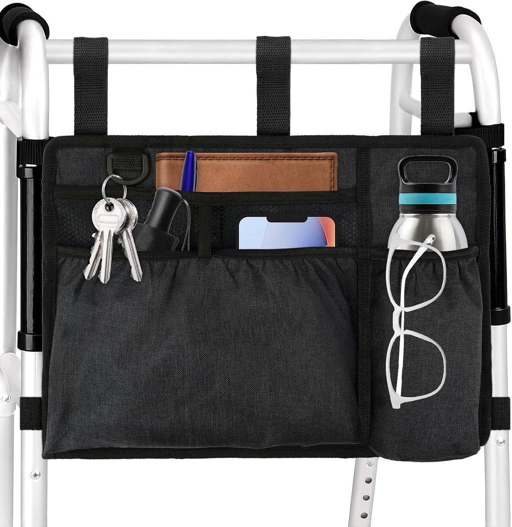 Walker Bag Basket with Cup Holder for Folding Walker Accessories for Seniors Elderly, Handicap, Foldable & Water Resistant Walker Storage Bags with Big Capacity - Black