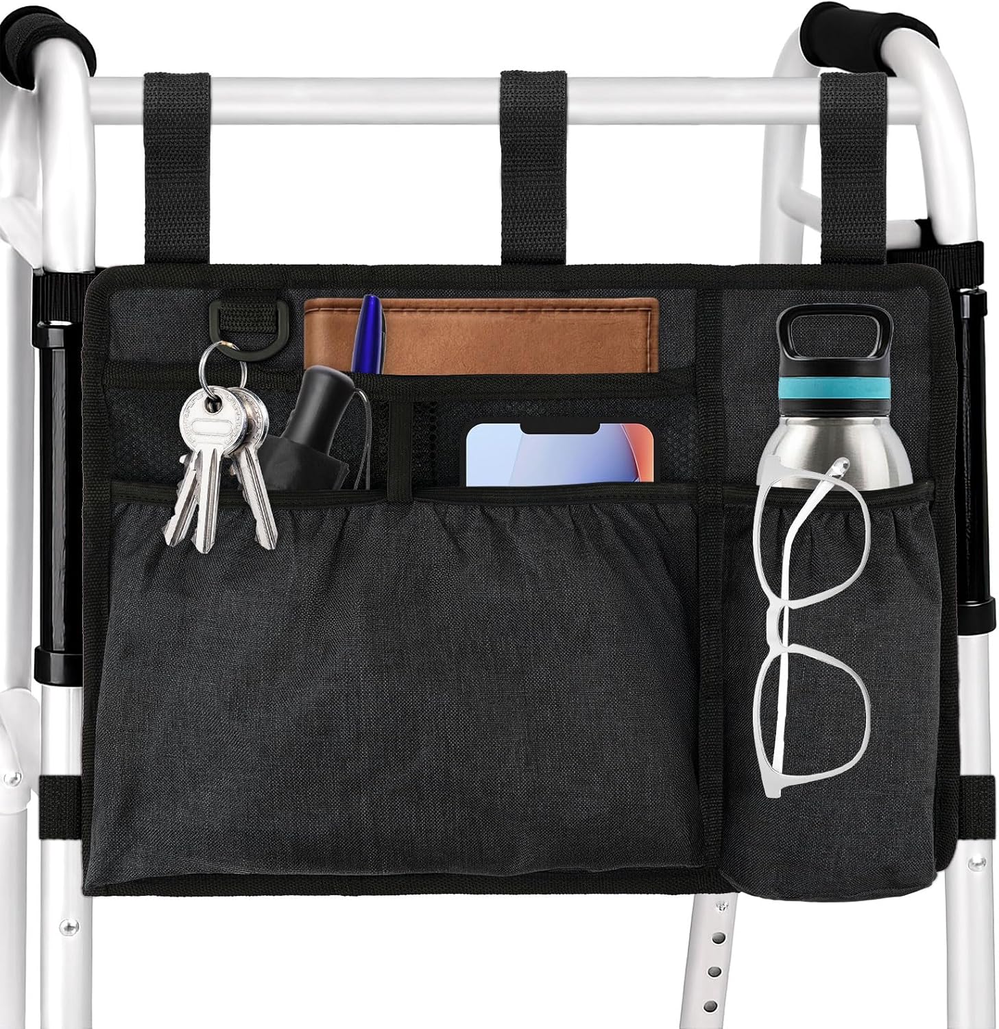 Walker Bag Basket with Cup Holder for Folding Walker Accessories for Seniors Elderly, Handicap, Foldable & Water Resistant Walker Storage Bags with Big Capacity - Black