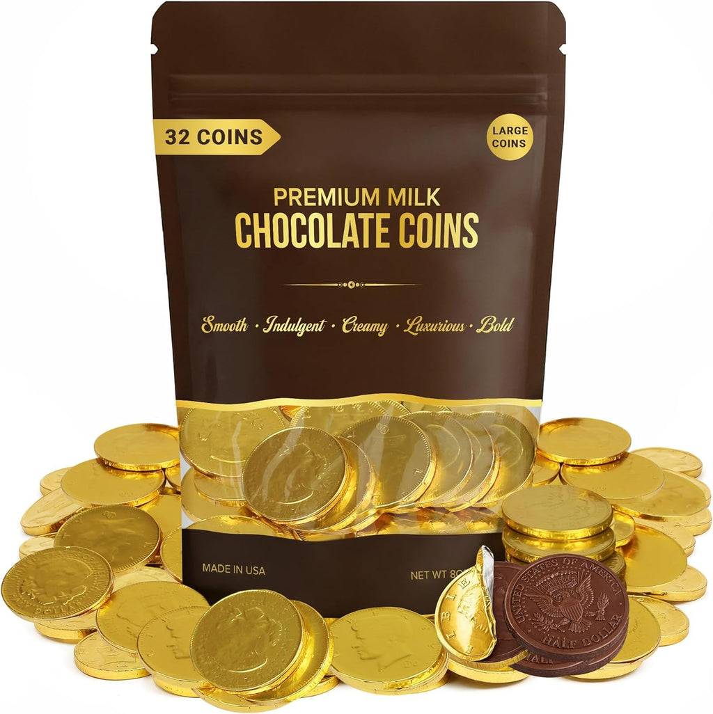 Large Chocolate Gold Coins, 32-Pack, Milk Chocolate Candy, 1.5 Inch Half Dollar Size, Gold Foil, Individually Wrapped Party Favors For Holidays, Candy Buffets, Goodie Bags, Treasure & Easter Hunts