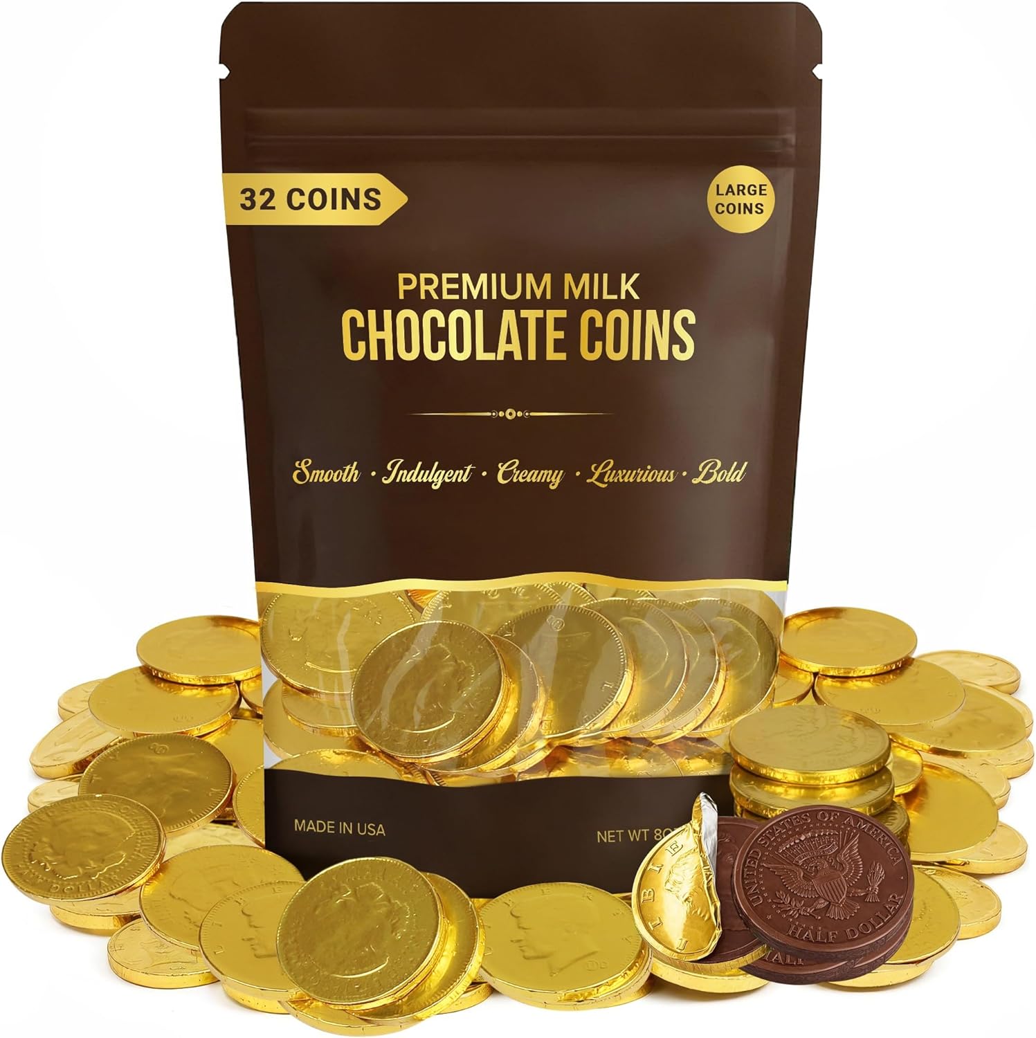 Large Chocolate Gold Coins, 32-Pack, Milk Chocolate Candy, 1.5 Inch Half Dollar Size, Gold Foil, Individually Wrapped Party Favors For Holidays, Candy Buffets, Goodie Bags, Treasure & Easter Hunts
