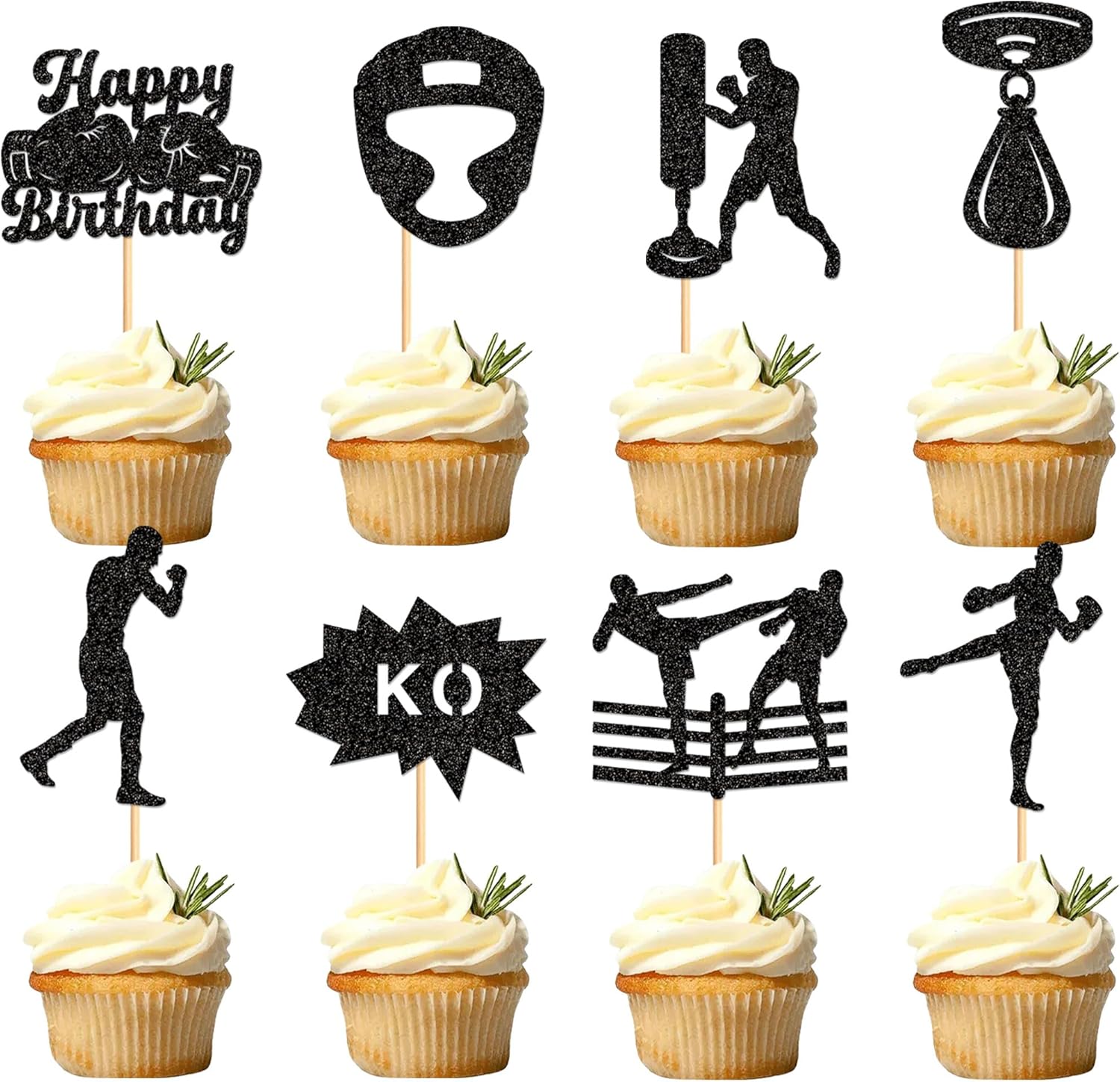 Ercadio 32 Pack Boxing Player Cupcake Toppers Black Glitter Boxing Gloves Cupcake Picks Boxer Gym Theme Baby Shower Birthday Party Cake Decorations Supplies