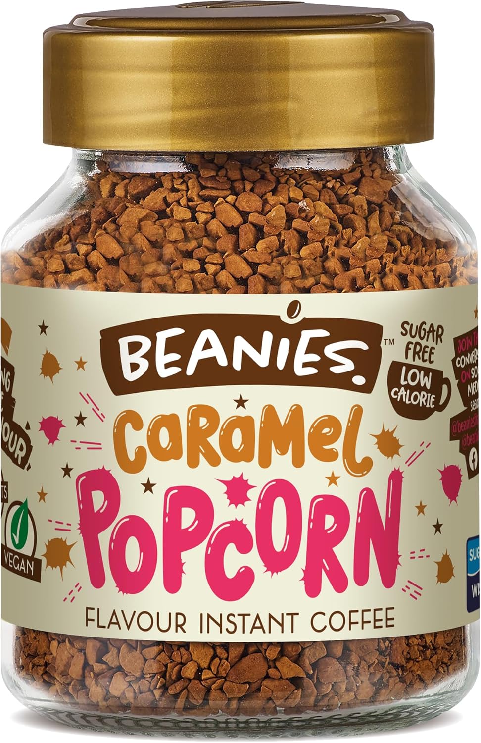 Beanies Flavour Instant Coffee - Caramel Popcorn Instant Flavored Coffee - Bold & Adventurous Full-On Flavor - An Indulgent Sugar Free Taste Explosion - Low Calorie - Vegan & Gluten Free - Wheat & Dairy Free, 6 x 50g jar