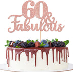 1 PCS 60 & Fabulous Cake Topper Glitter Sixty and Fabulous Cake Toppers Happy 60th Birthday Cake Pick for 60th Wedding Anniversary Birthday Party Cake Decorations Supplies Rose Gold