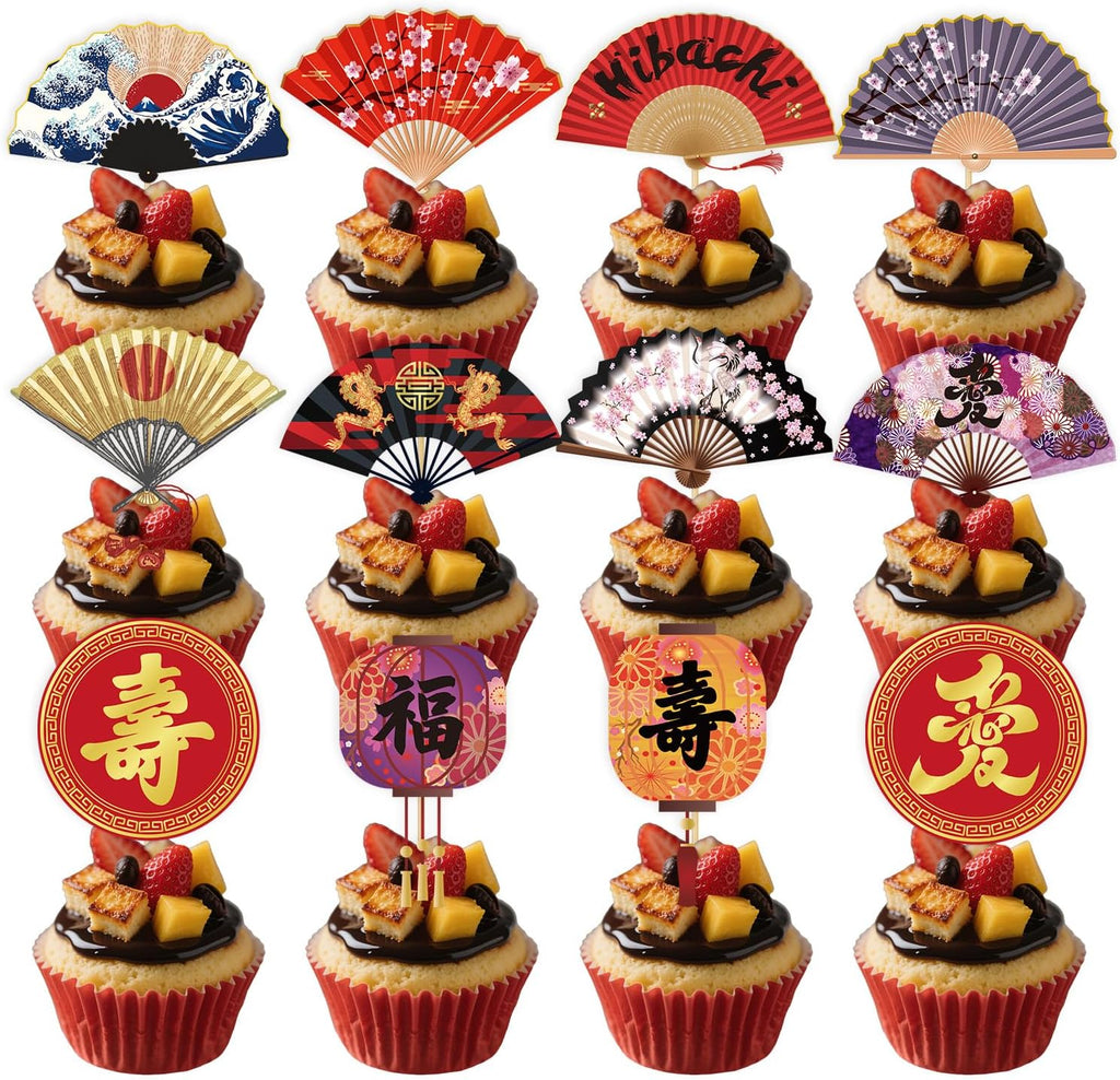Japanese Hibachi Party Decorations, 48PCS Japanese Style Paper Fans Cupcake Toppers Cake Decor, Asian Baby Shower Wedding Birthday Party Supplies Cupcake Picks (Pre-Assembly)