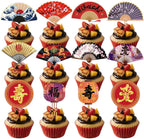 Japanese Hibachi Party Decorations, 48PCS Japanese Style Paper Fans Cupcake Toppers Cake Decor, Asian Baby Shower Wedding Birthday Party Supplies Cupcake Picks (Pre-Assembly)