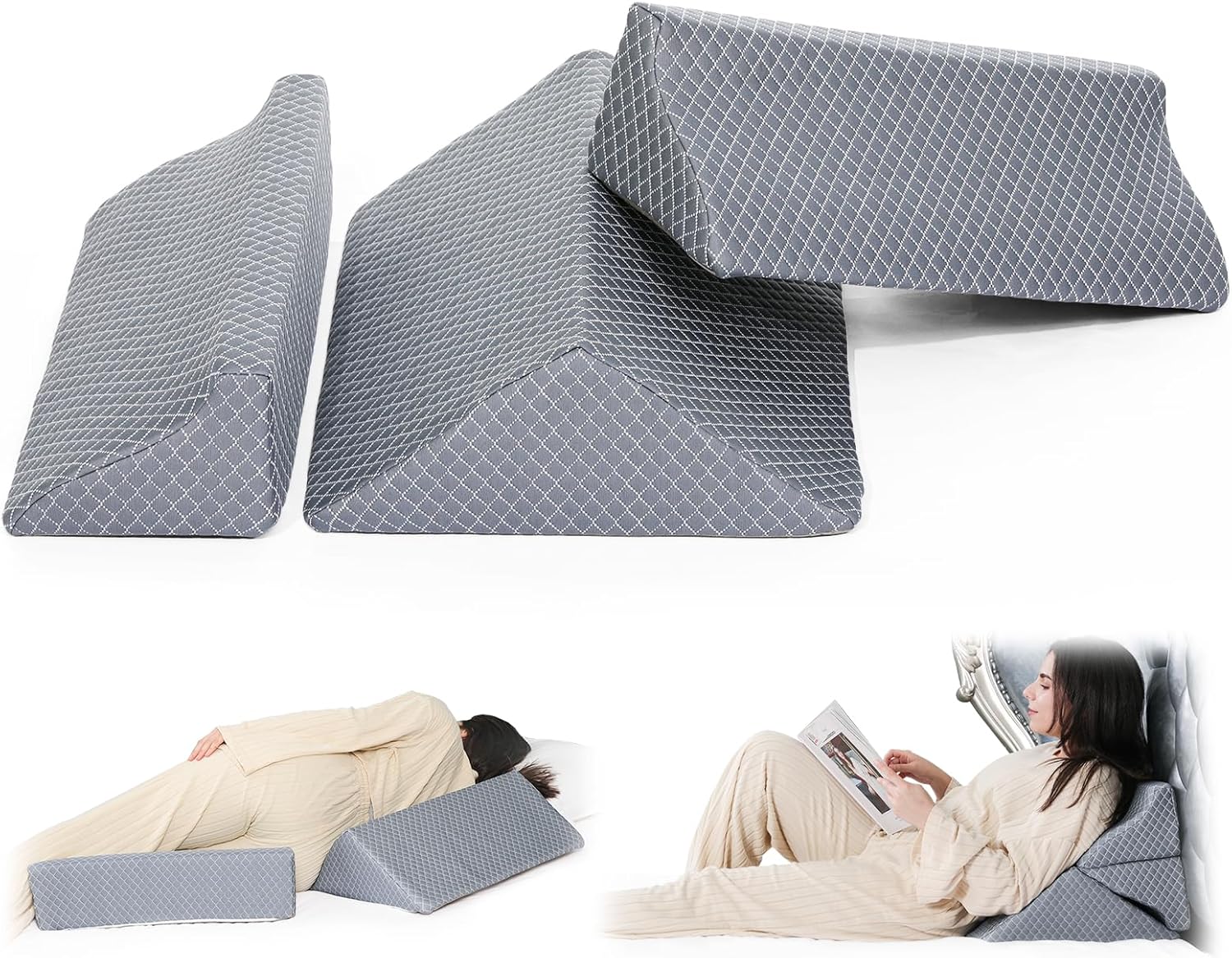 Foam Wedges for Positioning in Bed | 3in1 R-shaped Wedge Pillow |for Seniors,Adult,Long Term Bedridden Patient,Back Pain Relief,Reduce Snoring,Post Surgery Recovery,Cover Removable,Blue-grey
